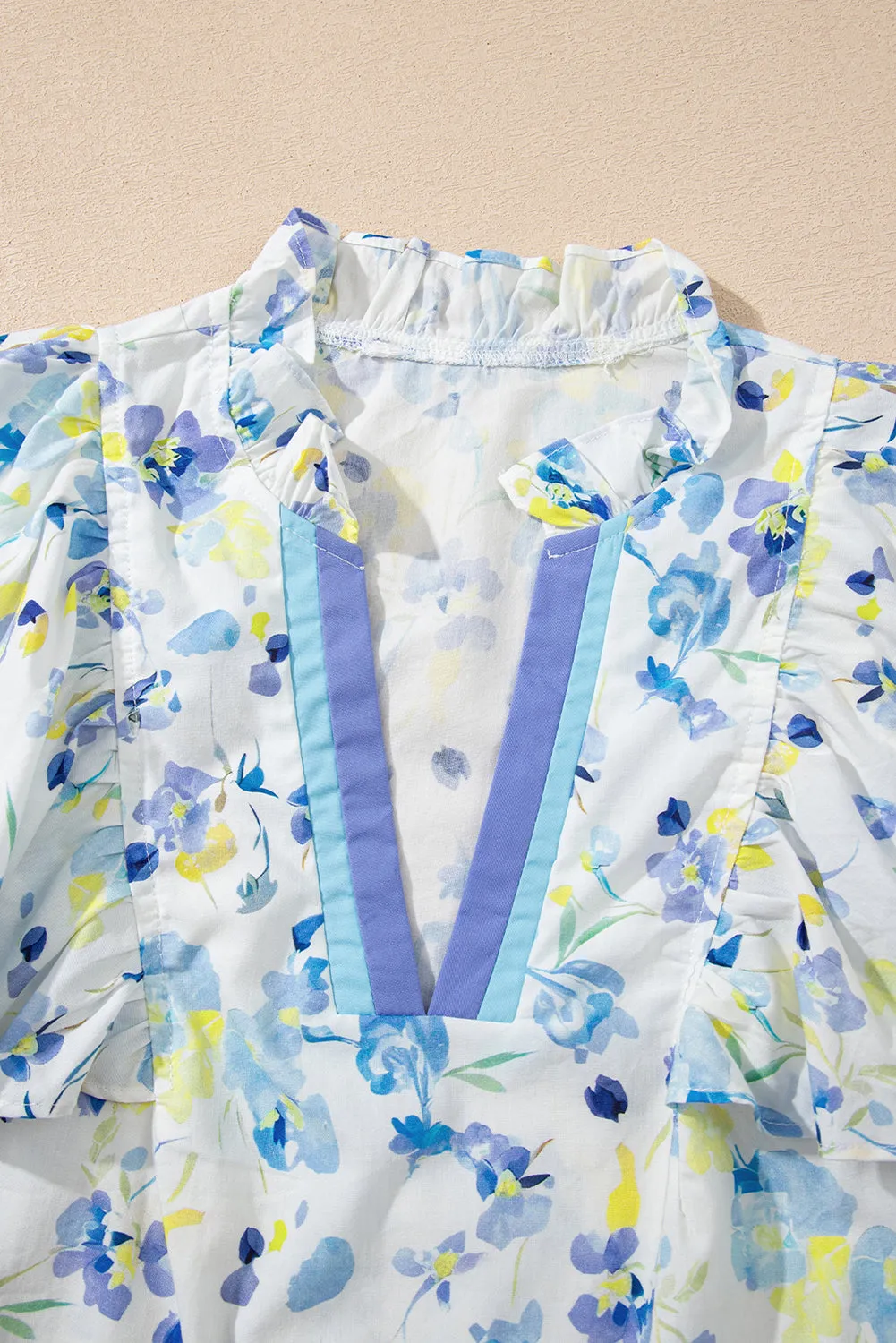 Sky Blue Floral Print Frilled Notched V-Neck Blouse sold by eAura product image thumbnail 5