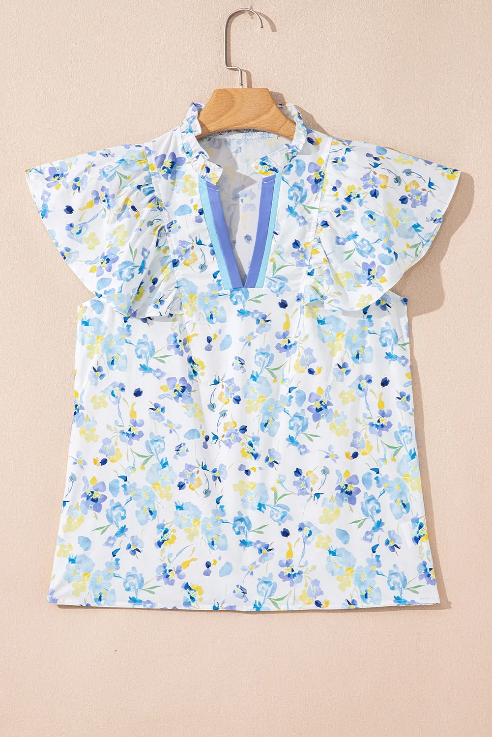 Sky Blue Floral Print Frilled Notched V-Neck Blouse sold by eAura product image thumbnail 3