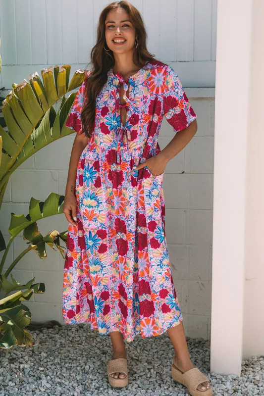 Rose Floral Tie-up Front Short Sleeve Loose Long Dress sold by eAura