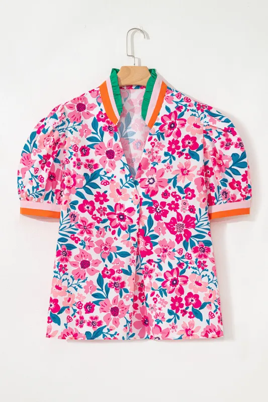 Pink Floral Print Contrast Striped Detail Short Sleeve Blouse sold by eAura