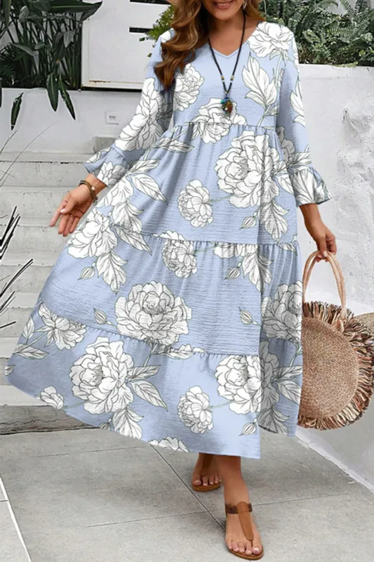 Sky Blue Floral Bell Sleeve V Neck Plus Size Tiered Maxi Dress sold by eAura
