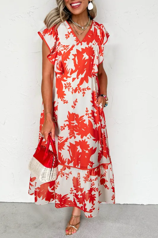 Red Floral Print Trimmed V-Neck Ruffle Sleeve Long Dress sold by eAura