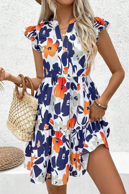 Floral Print Notched Neck Flutter Sleeve Mini Dress sold by eAura