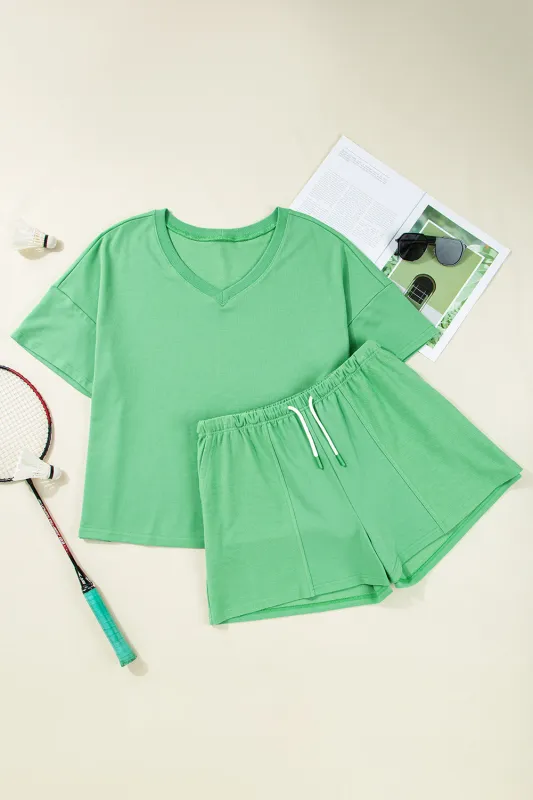 Green Plus Size V-Neck Tee Patched Pocket Drawstring Shorts Set sold by eAura