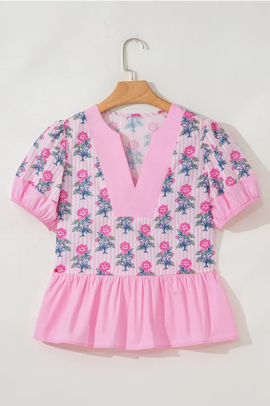 Rose Floral Striped Print Contrast Patchwork Ruffle Hem Blouse sold by eAura