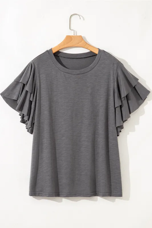 Dark Grey Double Ruffled Short Sleeve Plus Size Top sold by eAura