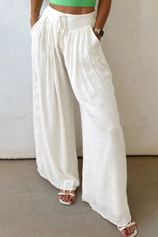 White Pleated Wide Leg Casual Trousers sold by eAura
