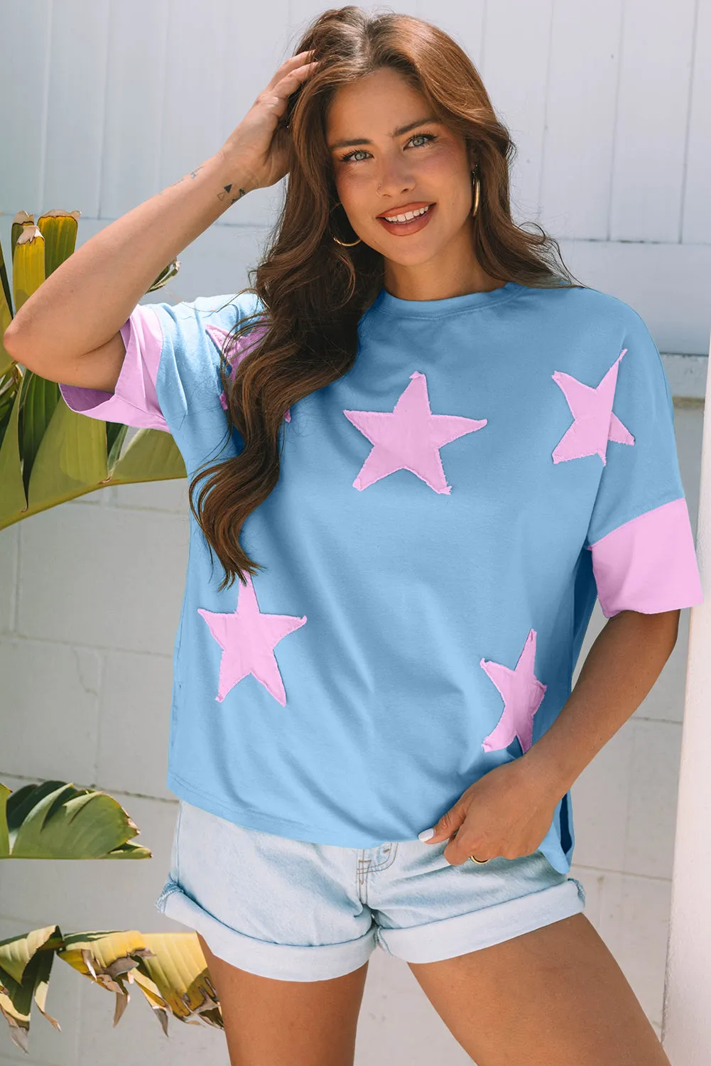 Frayed Star Patched Oversize T Shirt sold by eAura