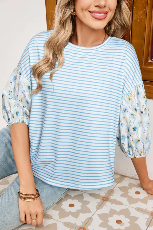 Sky Blue Stripe 3/4 Floral Puff Sleeve Patchwork Drop Shoulder Top sold by eAura