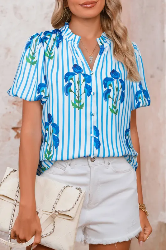 Sky Blue Stripe Floral Buttoned Frilly Notched Neck Puff Sleeve Summer Blouse sold by eAura