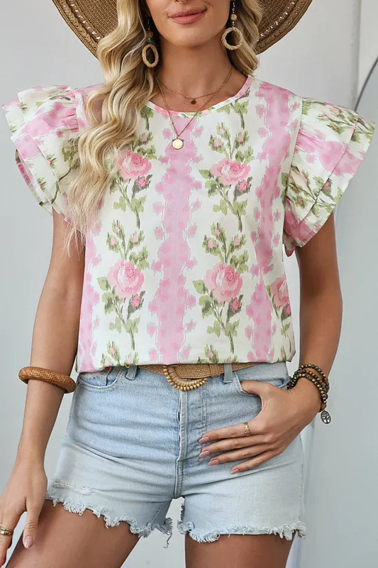 Pink Floral Print Ruffled Sleeve Summer Top sold by eAura