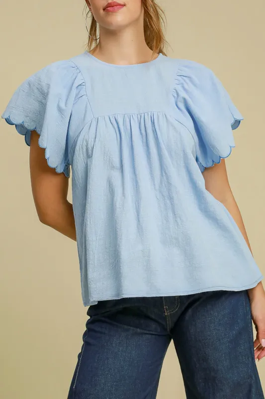 Beau Blue Solid Colour Embroidered Scalloped Sleeves Crew Neck Blouse sold by eAura