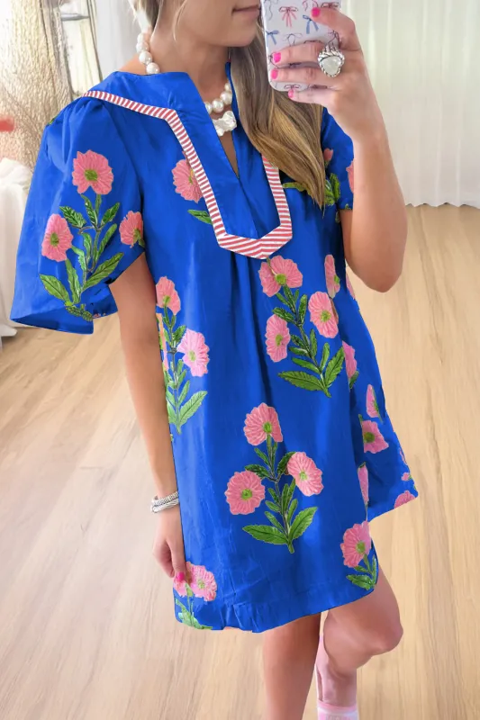 Blue Floral Short Sleeve Split Neck Loose Mini Dress sold by eAura