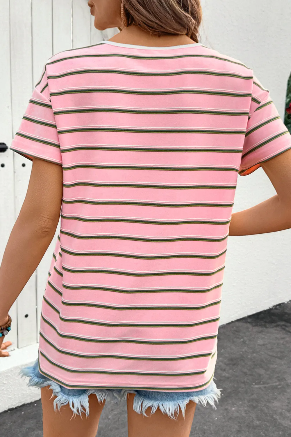 Pink Stripe V-Neck Slim Fit Casual T-Shirt sold by eAura product image thumbnail 2