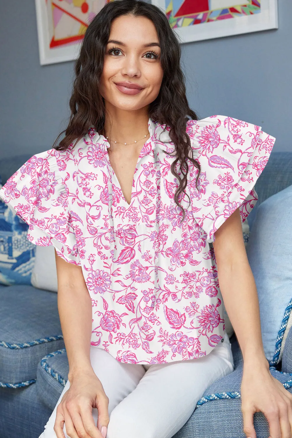 Pink Baroque Floral Ruffle Sleeve V-Neck Blouse Top sold by eAura product image thumbnail 2
