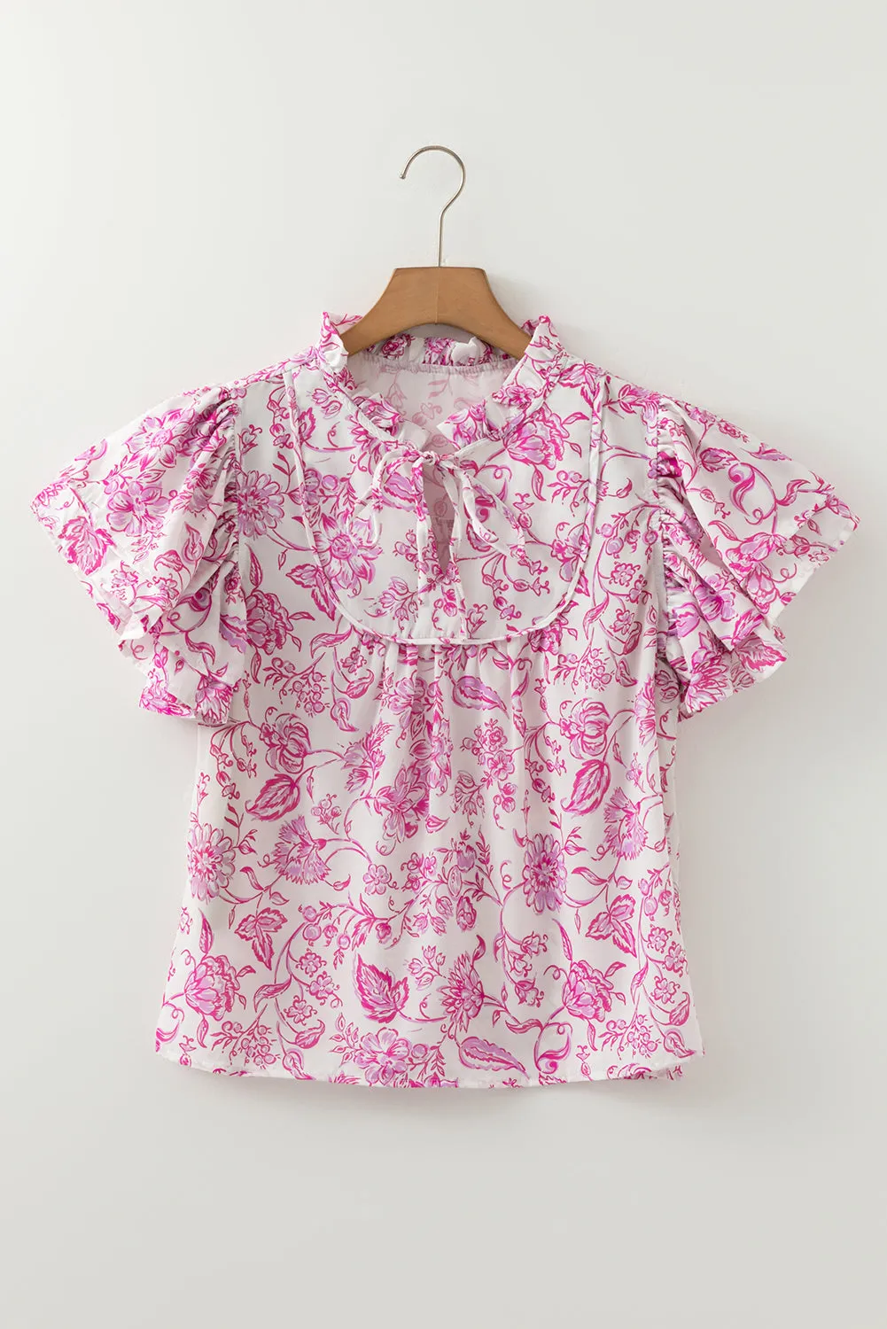 Pink Baroque Floral Ruffle Sleeve V-Neck Blouse Top sold by eAura product image thumbnail 4