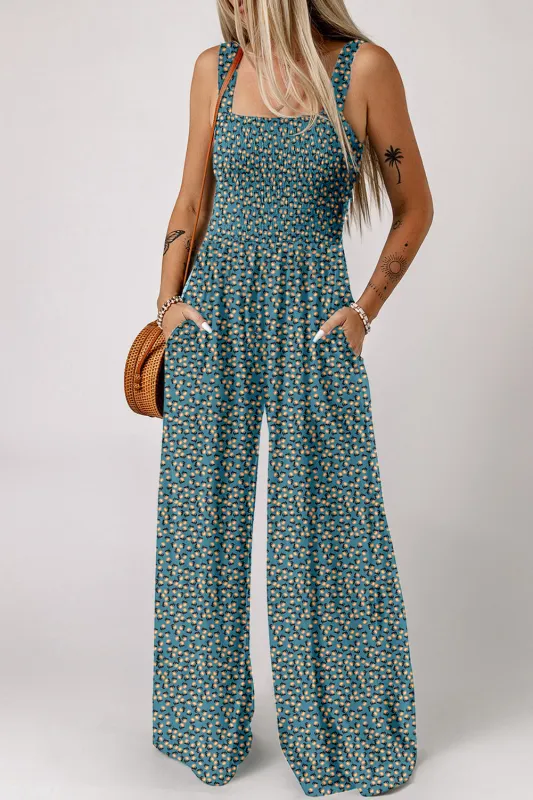 Green Floral Print Smocked High Waist Square Neck Jumpsuit sold by eAura