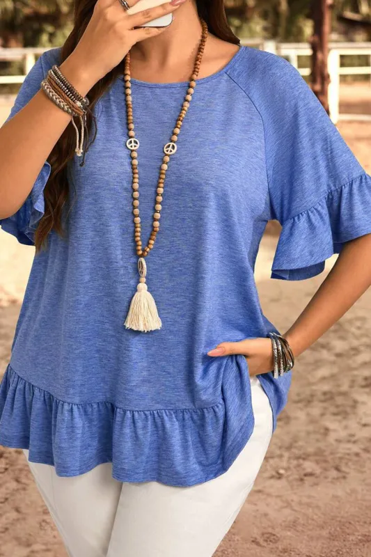 Dusk Blue Ruffled Short Sleeve Plus Size Casual Top sold by eAura