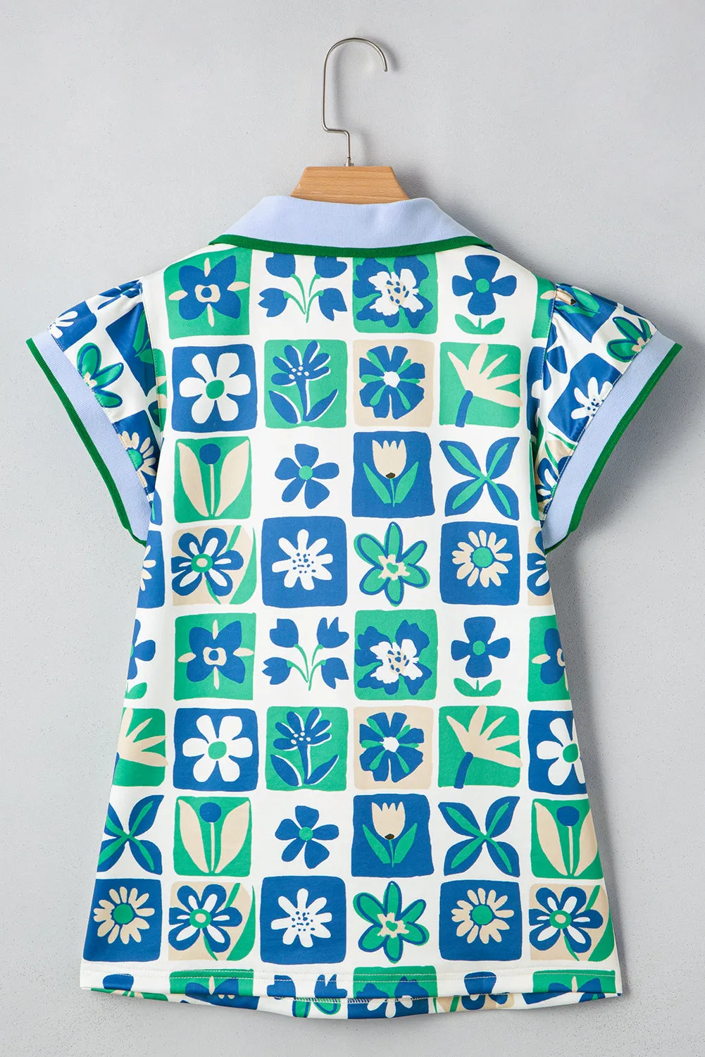 Green Floral Plaid Colourblock Trim Collar Flutter Sleeve Blouse sold by eAura product image thumbnail 4