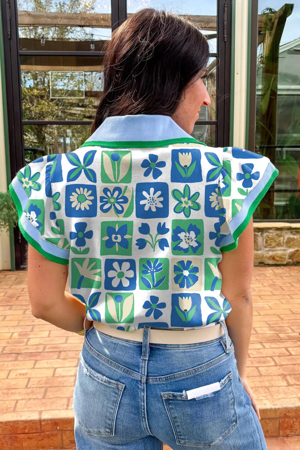 Green Floral Plaid Colourblock Trim Collar Flutter Sleeve Blouse sold by eAura product image thumbnail 2