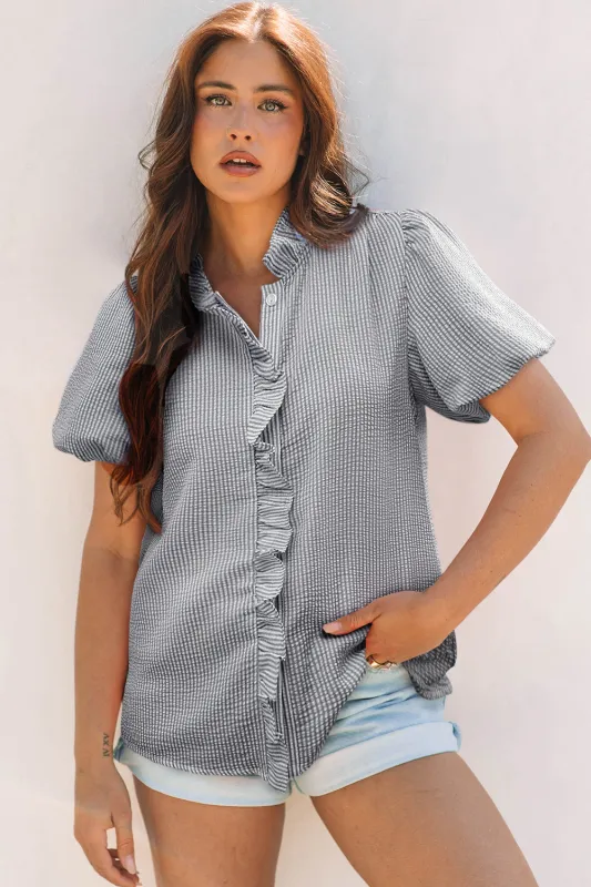 Striped Ruffle Short Bubble Sleeve Shirt sold by eAura