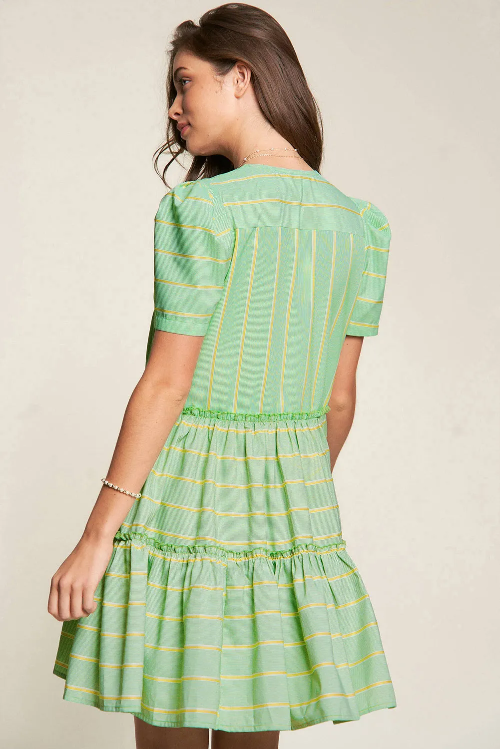 Green Stripe V-Neck Short Sleeve Frilled Detail A-line Dress sold by eAura product image thumbnail 2