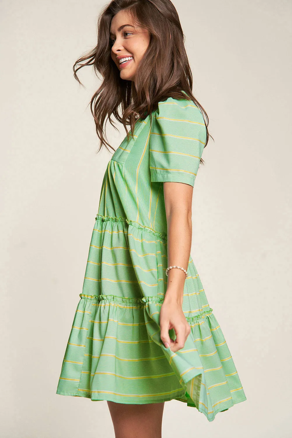 Green Stripe V-Neck Short Sleeve Frilled Detail A-line Dress sold by eAura product image thumbnail 3