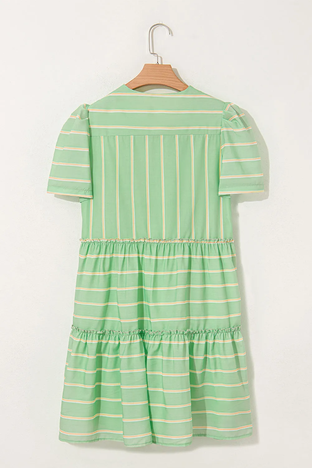 Green Stripe V-Neck Short Sleeve Frilled Detail A-line Dress sold by eAura product image thumbnail 5