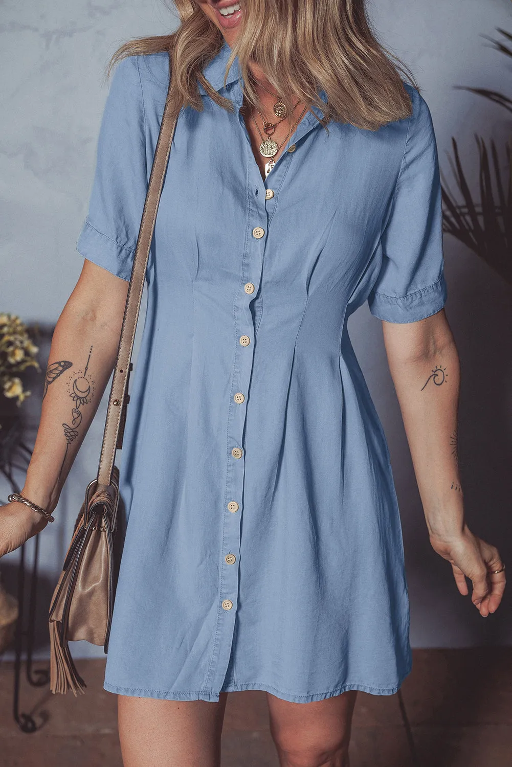 Myosotis Denim Pleated Slim Waist Short Sleeve Shirt Dress sold by eAura