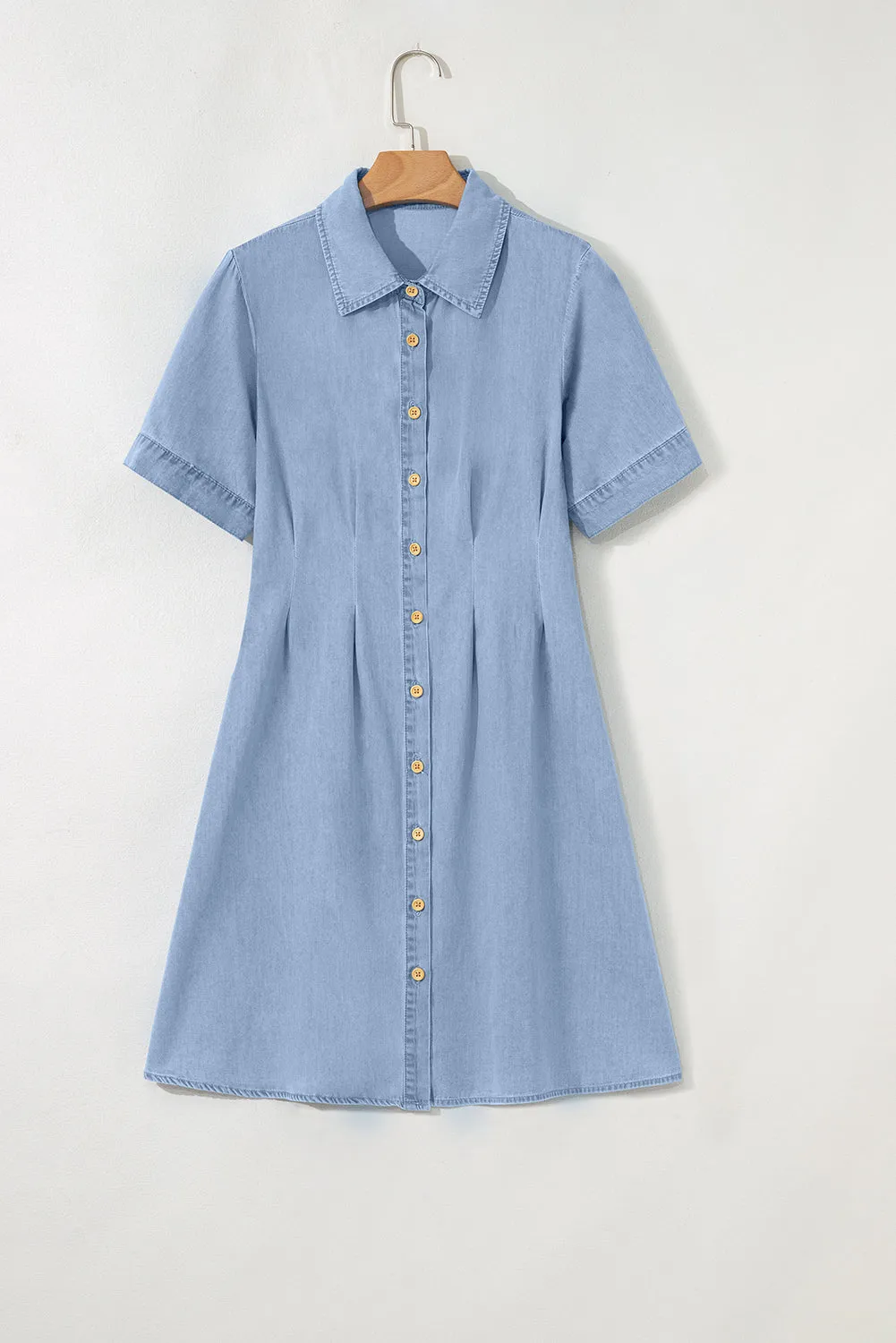Myosotis Denim Pleated Slim Waist Short Sleeve Shirt Dress sold by eAura product image thumbnail 4