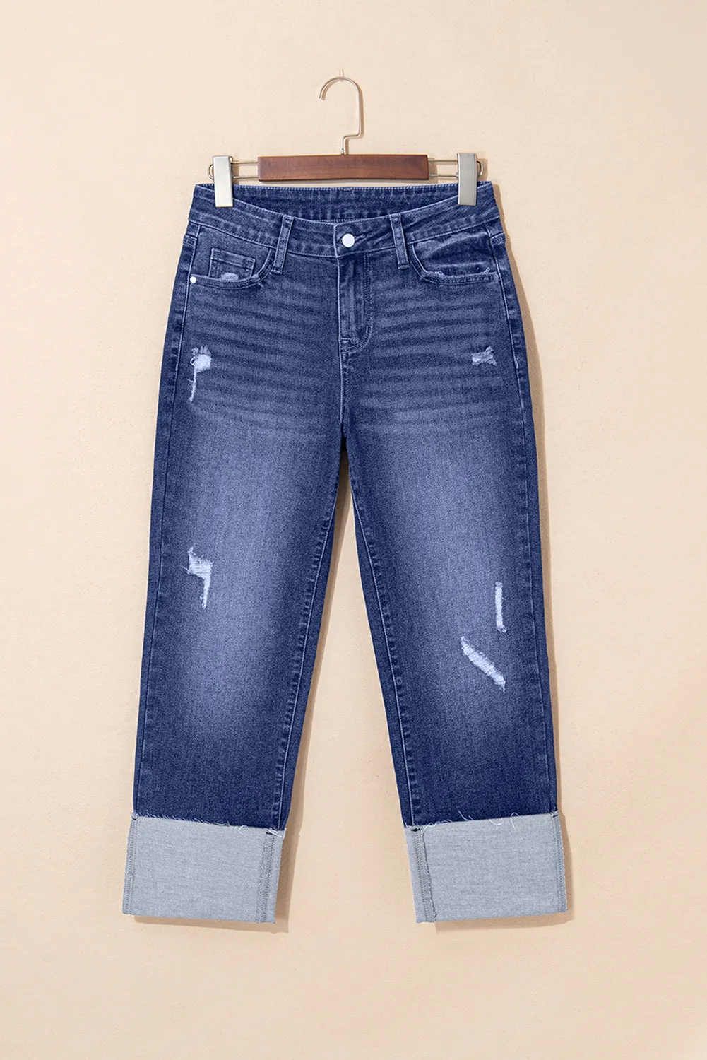 Folded Cuffs Distressed Straight High Waist Jeans sold by eAura product image thumbnail 3