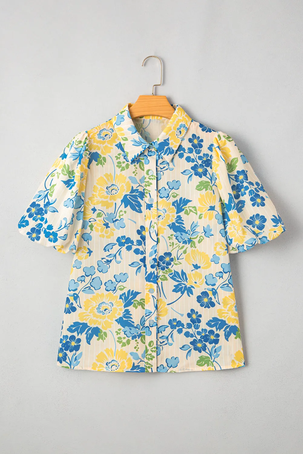 Blue Floral Striped Mixed Print Puff Short Sleeve Blouse sold by eAura product image thumbnail 5