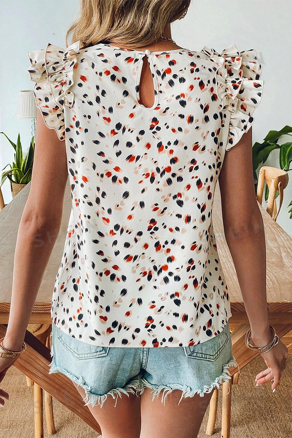 Beige Abstract Print Ruffle Flutter Sleeve Keyhole Back Slim Blouse sold by eAura product image thumbnail 5