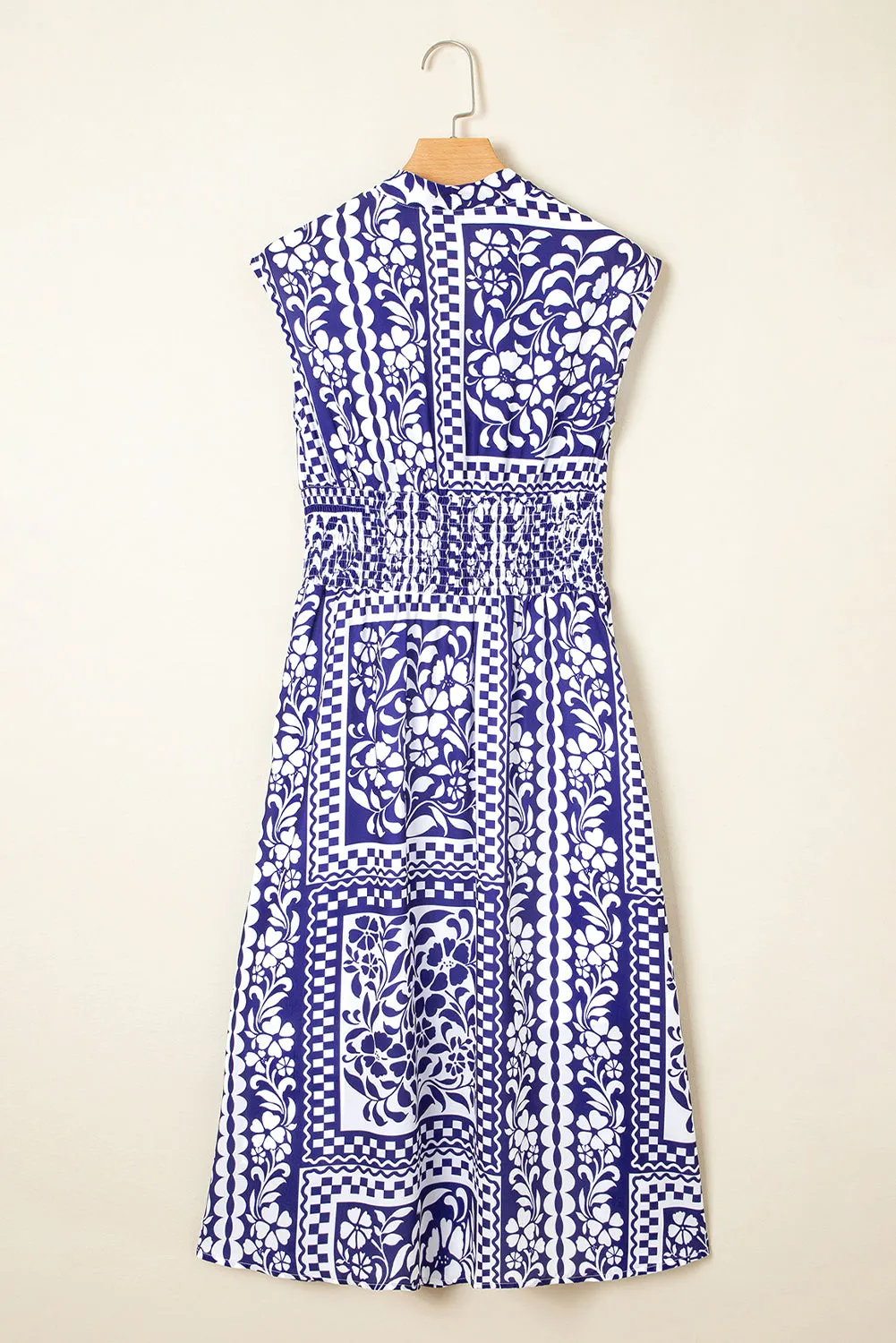 Dirty blue Shirred Waist V Neck Sleeveless Floral Print Midi Dress sold by eAura product image thumbnail 5