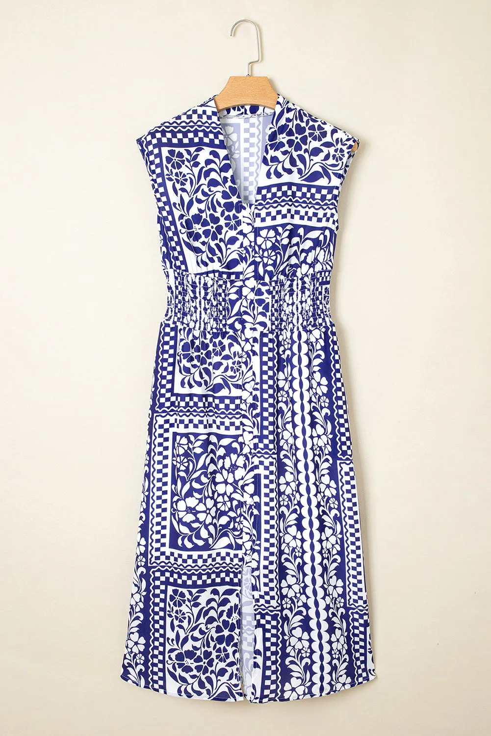 Dirty blue Shirred Waist V Neck Sleeveless Floral Print Midi Dress sold by eAura product image thumbnail 4