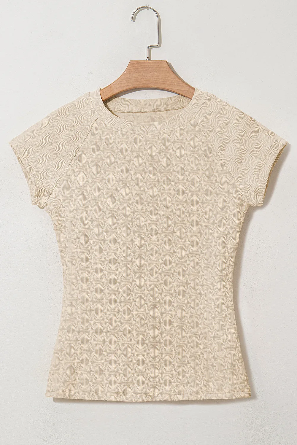 Beige Textured Crew Neck Cap Sleeve Slim Stretchy T-Shirt sold by eAura product image thumbnail 4