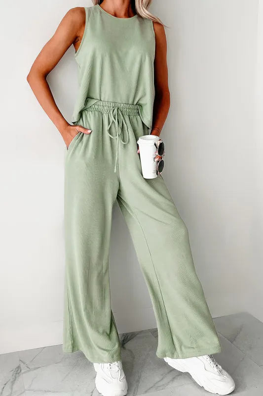 Green Textured Tank Top and Drawstring High Waist Trousers Co-ord Set sold by eAura