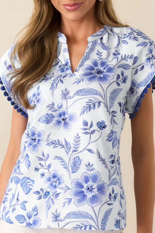 Blue Elegant Floral Print Ricrac Trim Short Sleeve Blouse sold by eAura