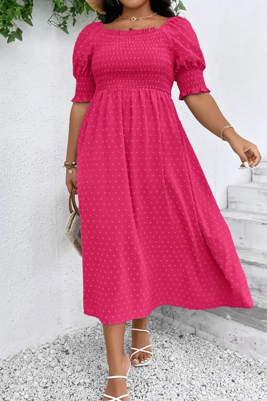 Pink Swiss Dot Smocked Ruflled Neckline Short Sleeve Plus Size Dress sold by eAura