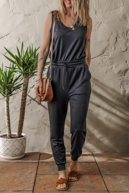 Black Casual Tank Style Tie Waist Pocketed Jogger Jumpsuit sold by eAura