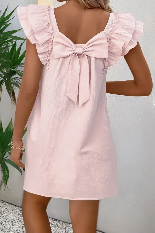 Light Pink Textured Flutter Sleeve Square Neck Bow Back Mini Dress sold by eAura