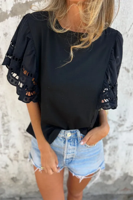 Black Hollow Out Embroidered Short Sleeve Top sold by eAura