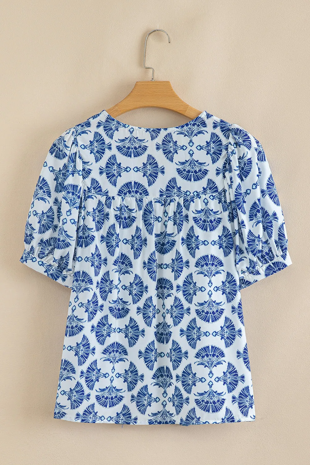 Blue Geometric Print Tassel Drawstring V-Neck Blouse sold by eAura product image thumbnail 3