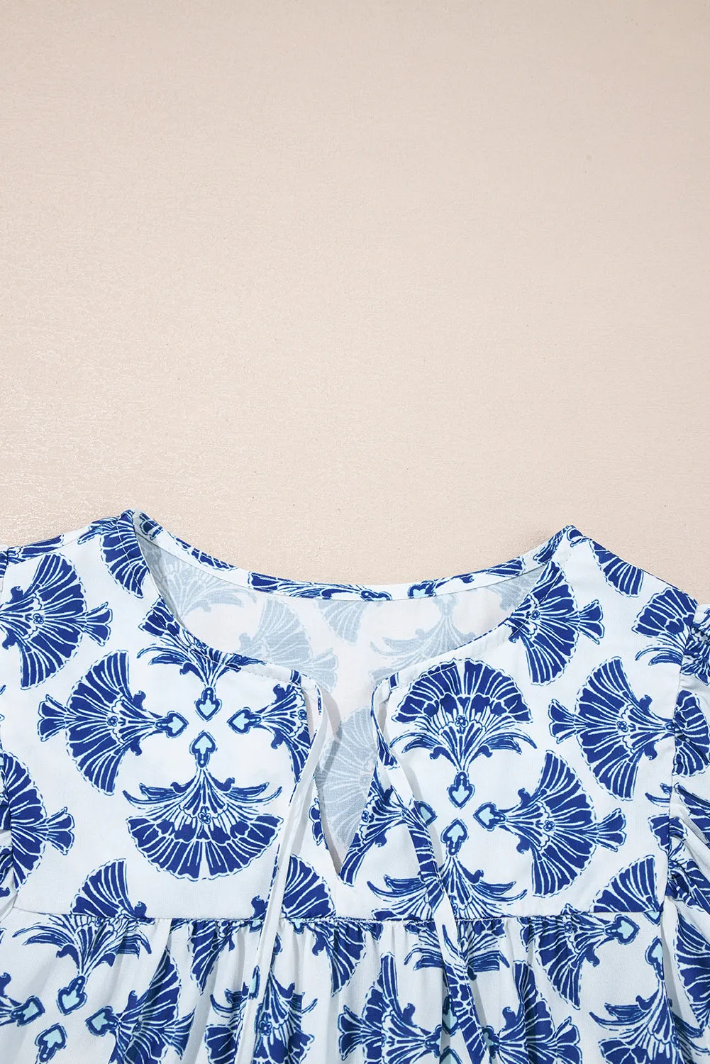 Blue Geometric Print Tassel Drawstring V-Neck Blouse sold by eAura product image thumbnail 4