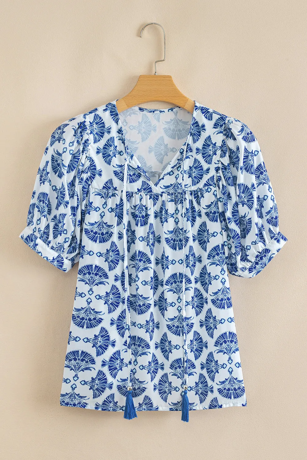 Blue Geometric Print Tassel Drawstring V-Neck Blouse sold by eAura product image thumbnail 2