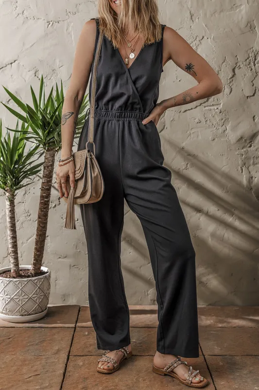 Black Wrap V-Neck Sleeveless Jumpsuit sold by eAura