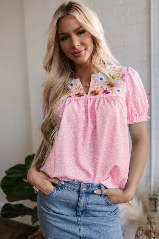 Pink Floral Embroidered Puff Sleeve Notched V-Neck Blouse sold by eAura