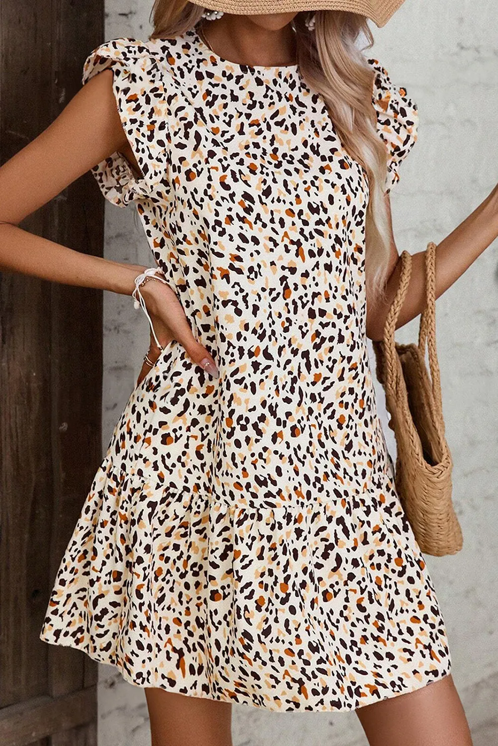 Khaki Leopard Ruffled Flutter Sleeve Keyhole Back Mini Dress sold by eAura product image thumbnail 5