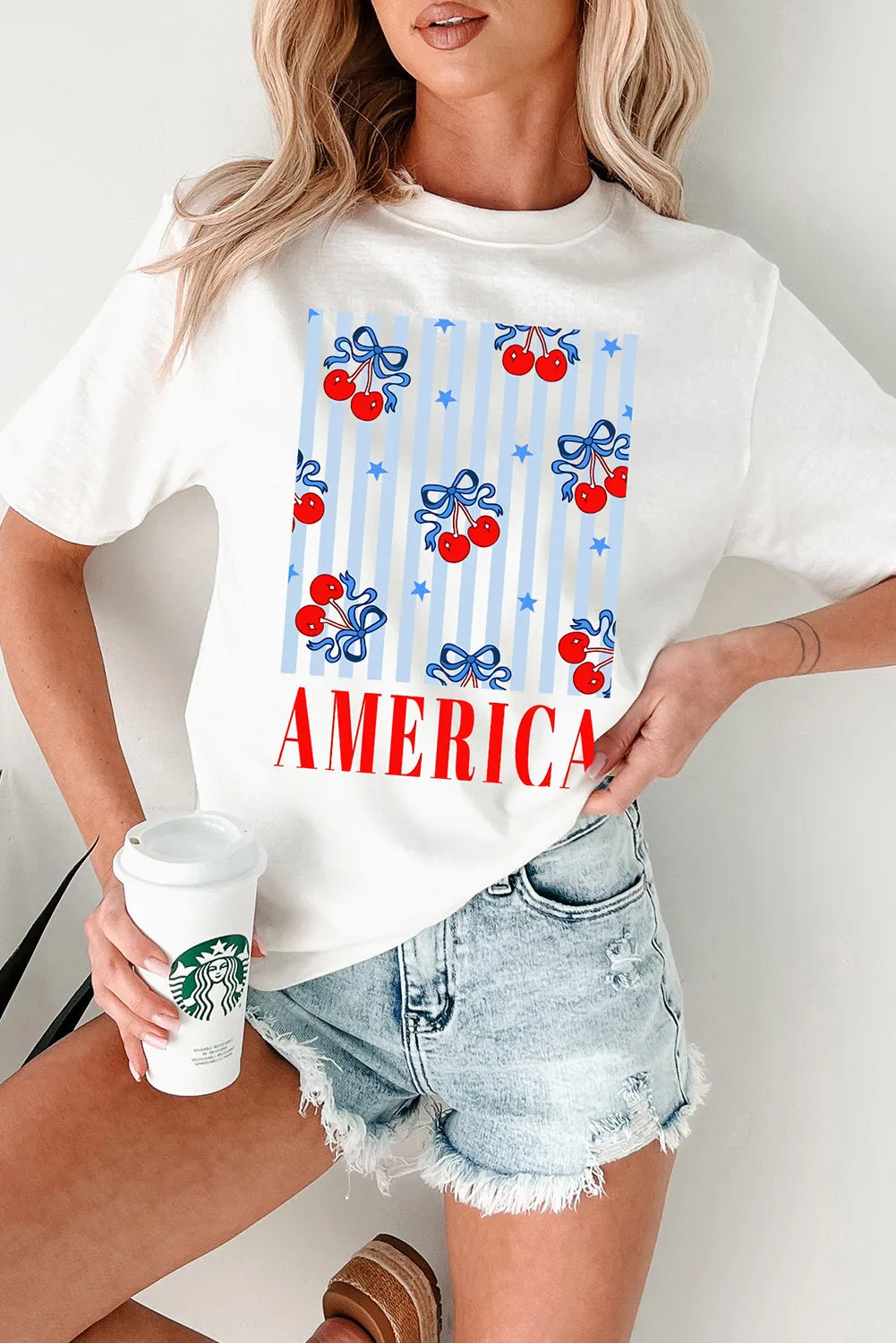 White Bow Cherry AMERICA Graphic Crewneck T Shirt sold by eAura product image thumbnail 2