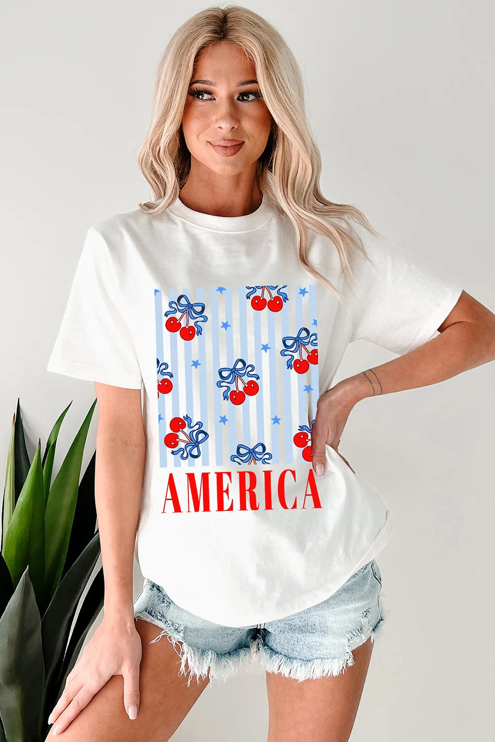 White Bow Cherry AMERICA Graphic Crewneck T Shirt sold by eAura product image thumbnail 5